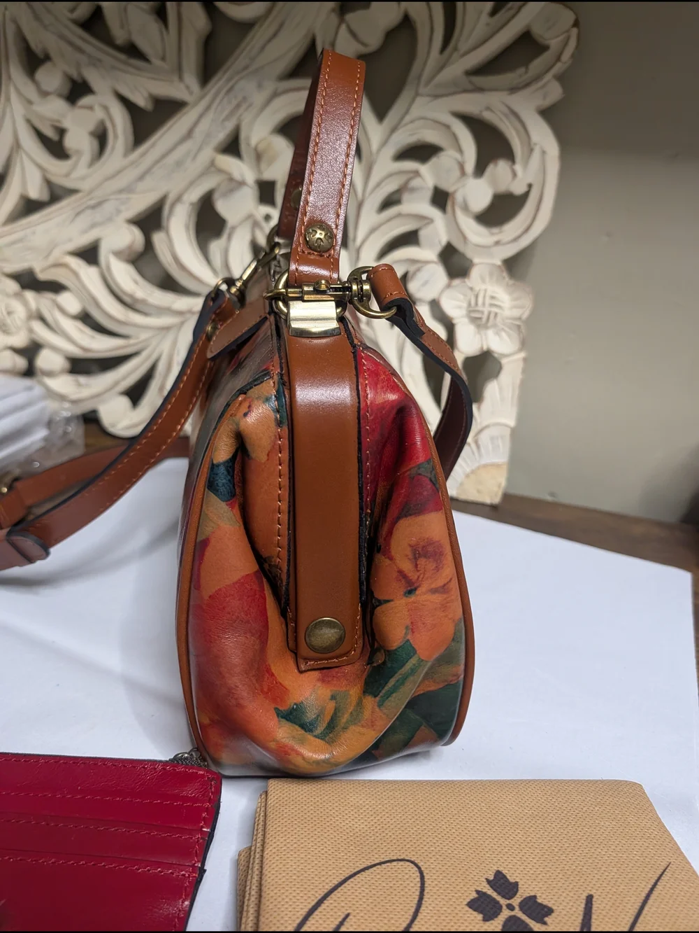 Patricia Nash Floral Leather Frame Satchel  Multicolor &Red leather Card Wallet
